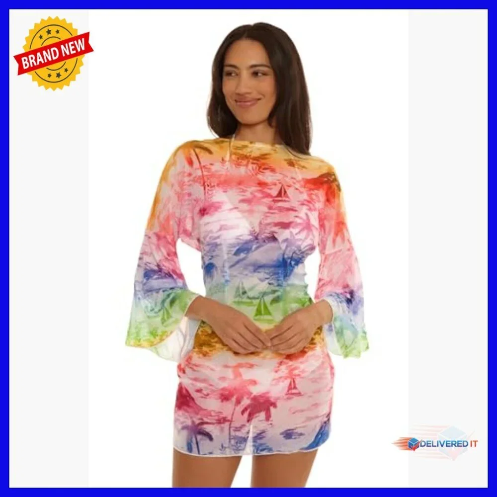 Small Tie Front Tunic Coverup, Lightweight Polyester Spandex, Bell Sleeves